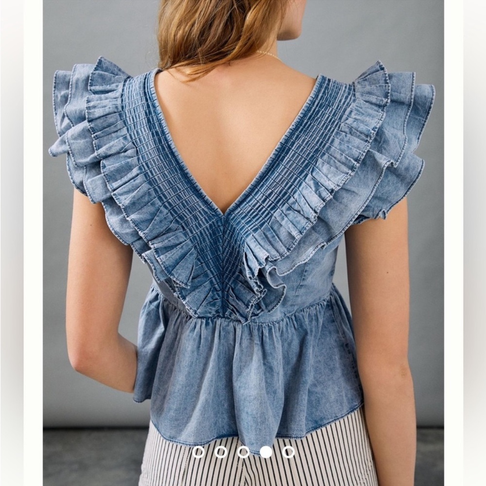 Anthropologie Washed Blue Ruffle V-Neck Peplum Blouse - Picture 3 of 5
